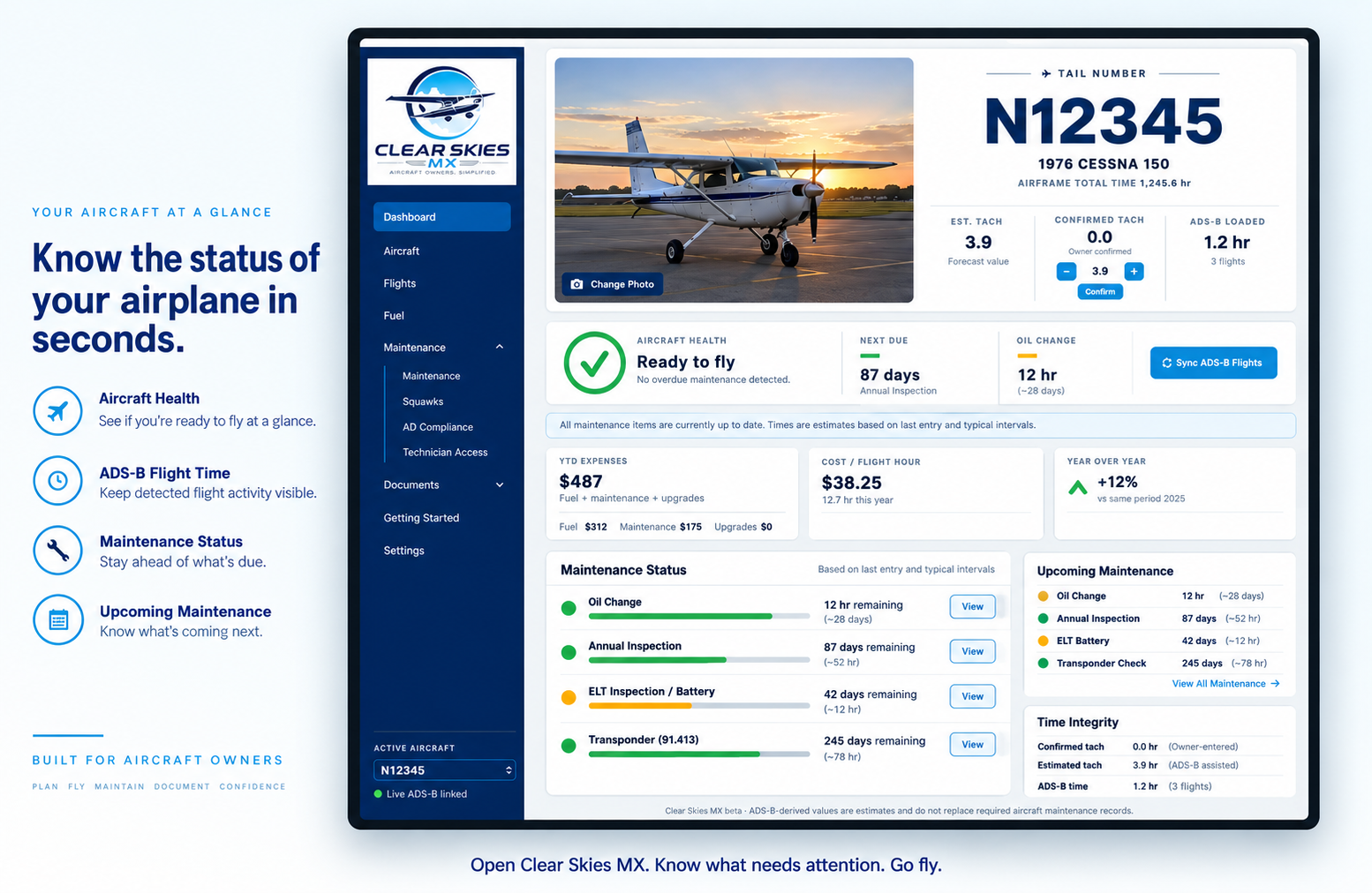 Clear Skies MX dashboard showing aircraft N12345, aircraft photo, ADS-B flight time, and maintenance status with days and hours remaining